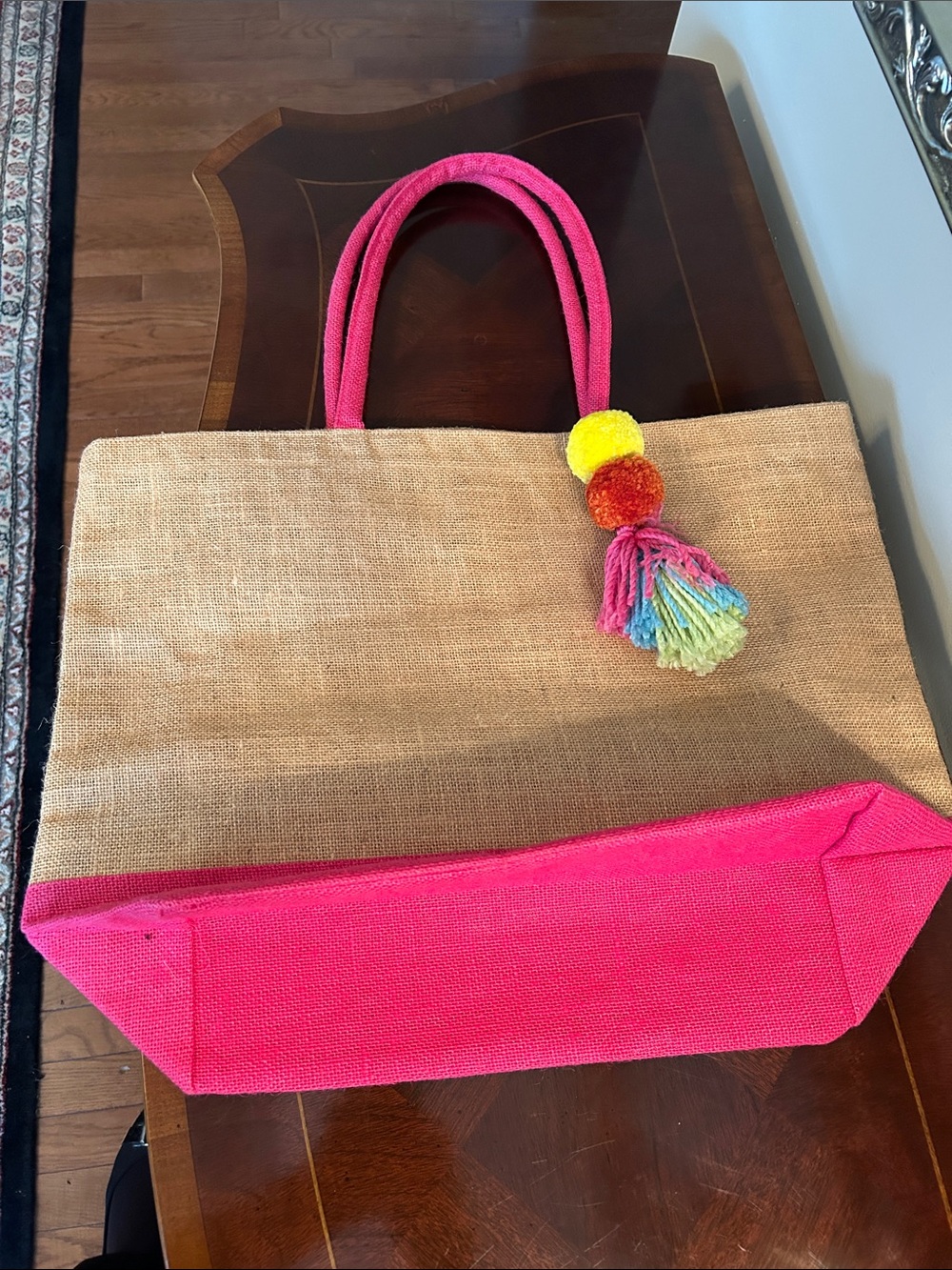 Neutral Jute Tote with Bright Pink Trim and Multicolor Tassel